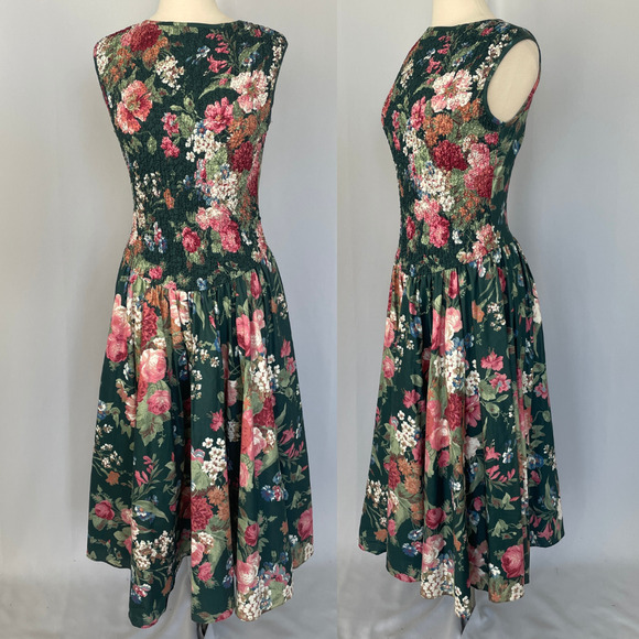 Vintage Dresses & Skirts - Vintage Midi Dress Size 10 Green Pink Floral Botanical Garden Spring Romantic